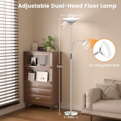 SIBRILLE Metallic Sliver Torchiere Floor Lamp, 2 Way 72'' Dimmable LED Standing lamp with Rmote, Multi Color Temps, 34W Tall Light with Independent Control for Living Room Bedroom Office Reading ﻿