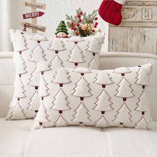 Kevin Textile Christmas Tree Pillow Covers 18x18 Inch Set of 2 Luxury Embroidery Soft Plush Faux Fur Decoration Pillowcases for Couch Sofa Holiday Festivals Winter Xmas Gift, Cream White & Red