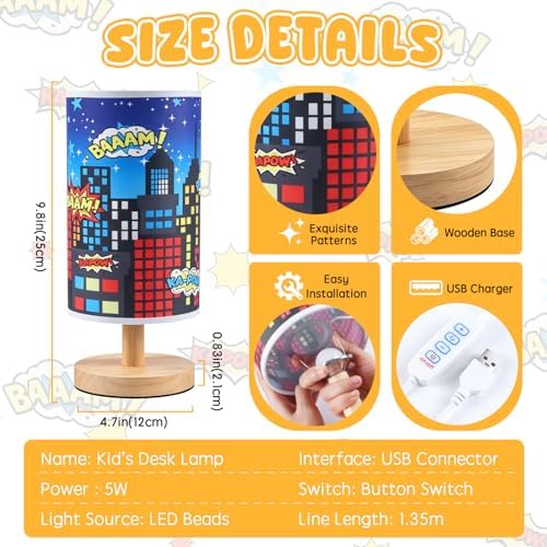 City Table Lamp for Kids Bedroom, 3-Way Dimmable Bedside Lamp with Wooden Base and Fabric Shade, Comic Book Night Light for Boys Room Decor, Cartoon Skyline Lamp for Nursery Playroom