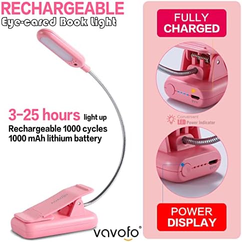 VAVOFO Rechargeable Book Light for Reading in Bed Kids, 7 LED Reading Light with 9-Level Warm Cool White Daylight, Eye Care Lamp with Power Indicator for Bookworms (Pink)