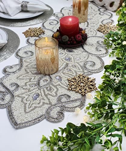 COTTON CRAFT Handmade Beaded Table Runner - 13x36 inches - Ivory & Silver