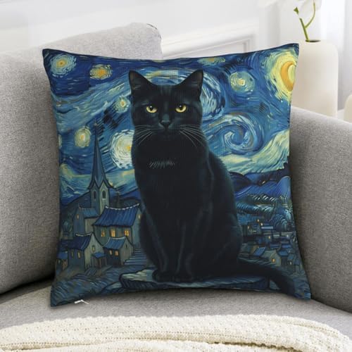 Black Cat Starry Night Throw Pillow Cover, 18x18 Inch