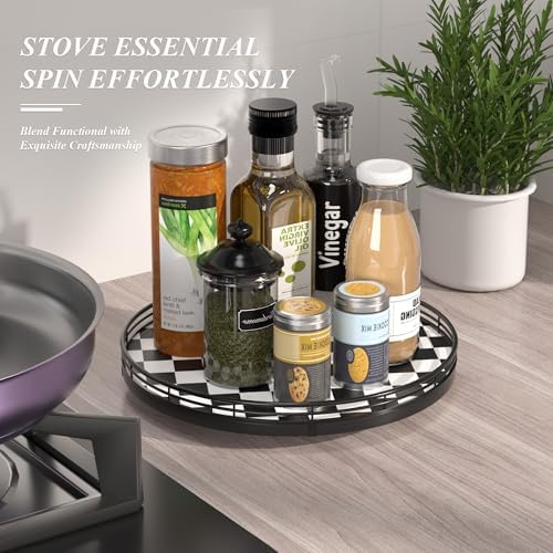 AMH 12 Inch Black and White Checkerboard Lazy Susan with Oak Wood Base