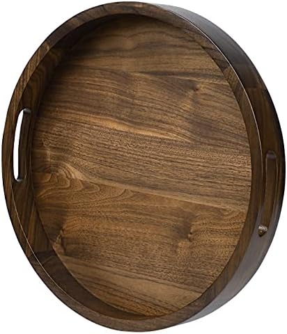 15" Round M-Small Black Walnut Wood Ottoman Tray with Handle