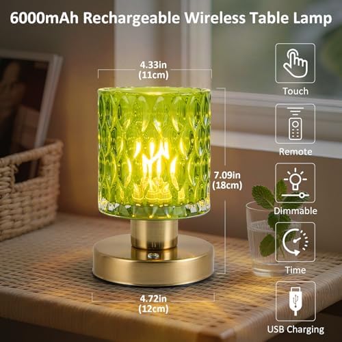 Cordless Rechargeable Table Lamp with Timer & Remote Control, Dimmable Touch Glass Battery Powered Lamp, Aesthetic Small Night Light for Bedroom Desk Bookshelf Living Room Decor (Jade Green)