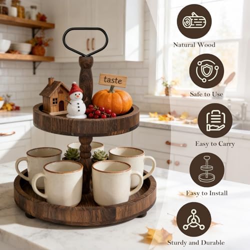 Horse Rustic Wooden Tiered Tray, 18.5x12.5 2 Tier Farmhouse Decor Cupcake Stand, Round Serving Tray for Home Kitchen Shelf Dinning Table Seasonal & Independence Day,Halloween,Christmas Decorations