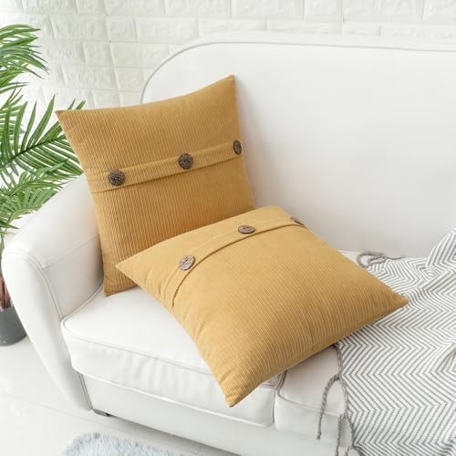 HWY 50 Mustard Yellow Chenille Throw Pillow Covers 16x16 Inch Buttons