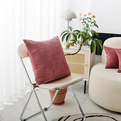 Home Brilliant 24x24 Pillow Covers Pink Decor Striped Velvet Corduroy Euro Sham Large Square Pillowcase for Sofa Bed, 60cm, Set of 2, Dry Rose Pink