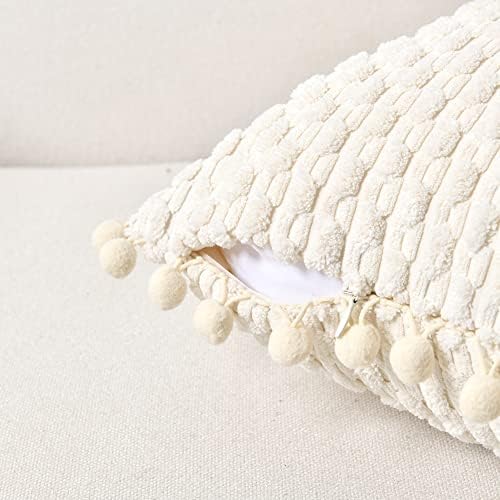 Fancy Homi Set of 2 Cream White Decorative Throw Pillow Covers 20x20 Inch with Pom-poms for Couch Bed Sofa, Modern Farmhouse Boho Home Decor, Soft Plush Corduroy Cute Cushion Case 50x50 cm