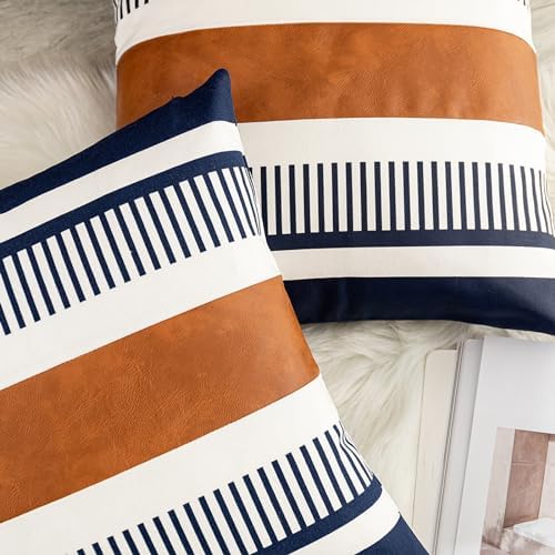 Set of 2 Decorative Faux Leather Pillow Covers 16x16 inch, Modern Boho Cushion Cover Set for Couch Living Room Bedroom Striped Accent Pillowcase Farmhouse Decor, Navy Blue