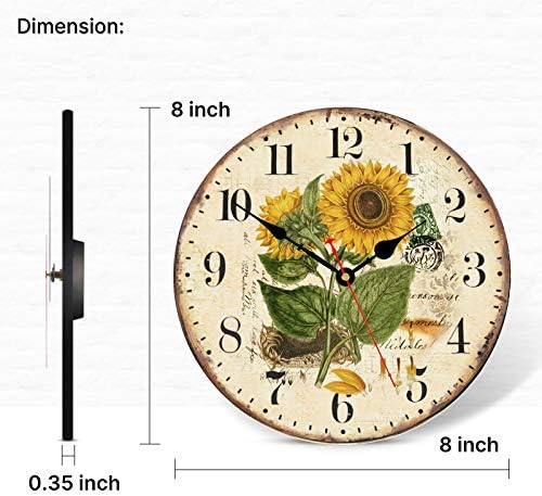TAHEAT 8 Inch Summer Sunflower Wall Clock, Retro Rustic Floral Battery Operated Clocks, Wooden Decorative Easy to Read Clock for Home/Office/School/Bar