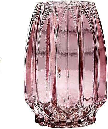 Lucky Bird Pink Glass Vase Modern Ribbed Vase for Flowers, Candles, and Decorative Accents - Tall/Short Vases for Centerpieces Home Table Decor(Purple Pink H8.0inch)