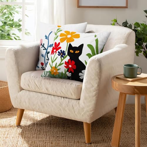 Merrycolor Embroidered Pillow Covers 18x18 Black Cat and Flower Pattern Decorative Throw Pillow Covers Comfortable Cotton Canvas Square Couch Cushion Cases for Sofa Bed Living Room Decor