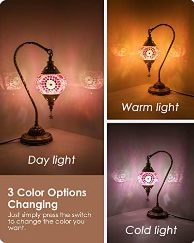 Yarra-Decor Turkish Moroccan Lamp with Bronze Base 3 Color Options Handmade Swan Neck Mosaic Glass Bedside Lamps for Bedroom (LED Bulb Included)(Red1)