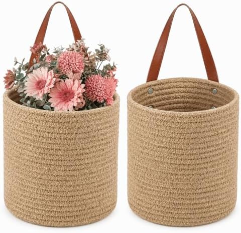 YOUEON Set of 2 Jute Hanging Basket 7.8" x 6.7", Small Wall Hanging Planter Baskets, Natural Jute Woven Storage Basket for Flower Plants Towels Sunglasses Wallet Keys, Boho Decor