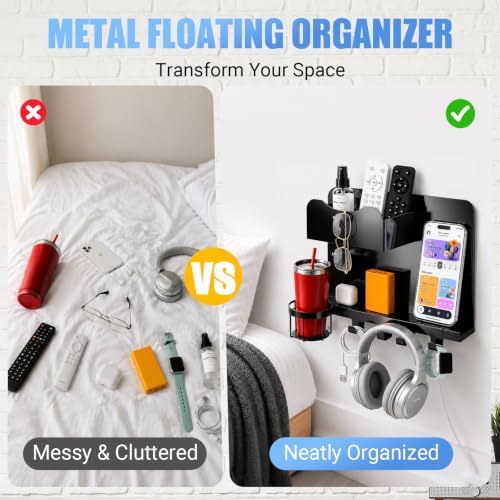Metal Bedside Wall Shelf, No Drill Floating Bedside Shelf Wall Organizer