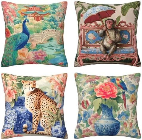 Chinoiserie Throw Pillow Covers Set of 4 Decorative Soft Double Sided Print Pillow Case Farmhouse Home Decor for Living Room Sofa Couch 18x18
