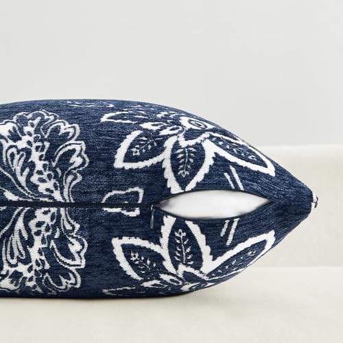 Set of 2 Chenille Floral Pillow Covers 18x18 Inch Navy Blue