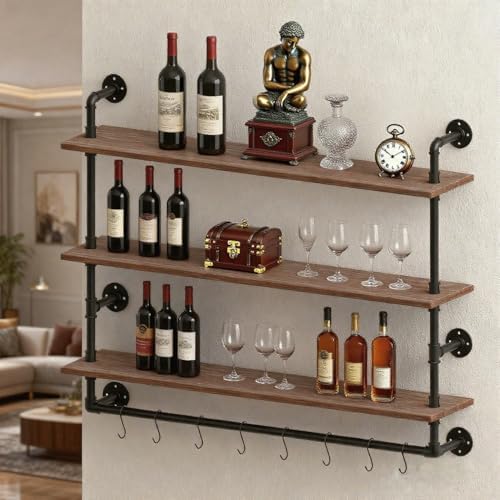 ROGMARS Industrial Floating Pipe Wall Shelves with Towel Rack 30 Inch