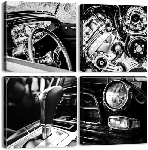 Black and White Wall Decor for Men Bedroom Decor Retro Car Posters Vintage Steering Wheel Picture Classic Car Engines Canvas Prints Painting Industrial Artwork for Boy Room Home Decoration 16x16" 4Pcs