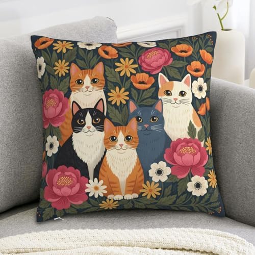 Cat and Floral Garden Decorative Throw Pillow Cover