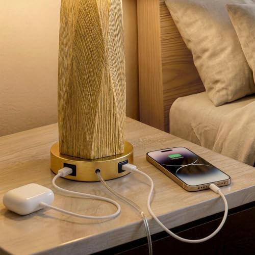 BOBOMOMO 27.5" Gold Table Lamps Set of 2 with USB-A & USB-C Charging Ports, Textured Resin Bedside Lamps with Linen Shade & Rotary Switch, Tall Nightstand Lamps for Bedroom, Living Room Office