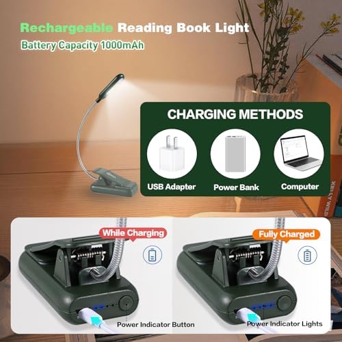 VAVOFO Rechargeable Book Light for Reading in Bed Kids, 7 LED Reading Light with 9-Level Warm Cool White Daylight, Eye Care Lamp with Power Indicator for Bookworms (Garden Green)