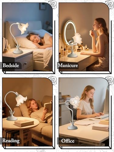Flower Table Lamp, LED Reading Light Vintage Night light (White Pearls)