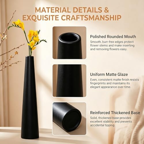 Small Ceramic Bud Vase 8.5 inch Tall Conic Flower Single Stem Vase Black Vase Decorative Floral Centerpiece for Wedding Office Home