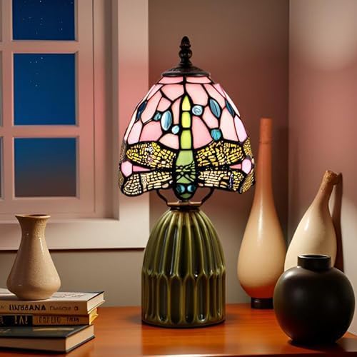 Tiffany Stained Glass Mushroom Table Lamp 12.5 Inch -Pink Dragonfly