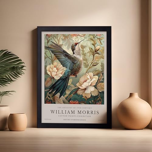 Poster Master William Morris Poster - Hummingbird Print - Bird Art - Botanical Art - Flower Design - Exhibition Artwork - Animal Illustration - Floral Illustration - Aesthetic Office or Bedroom Decor - 16x20 Black Framed