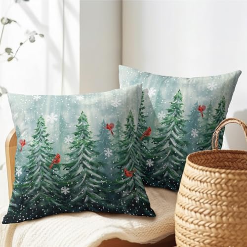 Watercolor Tree Throw Pillow Cover 22x22 inch Set of 2 Christmas Dark Green Trees Pillowcases Winter Red Bird Snowflake Decorative Cushion Covers Rustic Forest Pillow Protector for Home Sofa