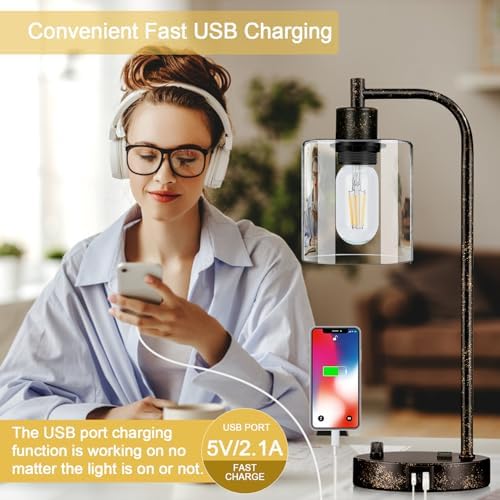 Set of 2 Industrial Table Lamps with USB Port, Rustic Black Fully Stepless Dimmable Bedside Lamps for bedrooms, Nightstand Desk Lamps with Clear Glass Shade for Reading Living Room Office 2 LED Bulb