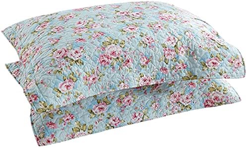 vctops 2-Piece Embroidered Cotton Quilted Pillow Shams Vintage Floral Decorative Pillow Covers Boho Pillow Cases Queen Size, Blue Rose