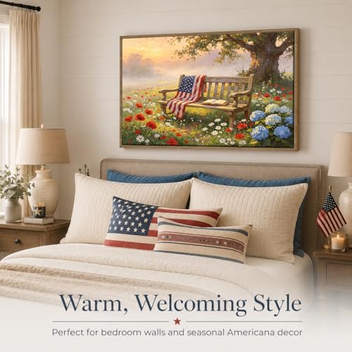 American Flag Framed Canvas Wall Art, 4th of July Patriotic Canvas Prints | Wildflower Landscape Poster Print, Vintage Rustic Independence Day Wall Decor for Bedroom Living Room Office 16×20in