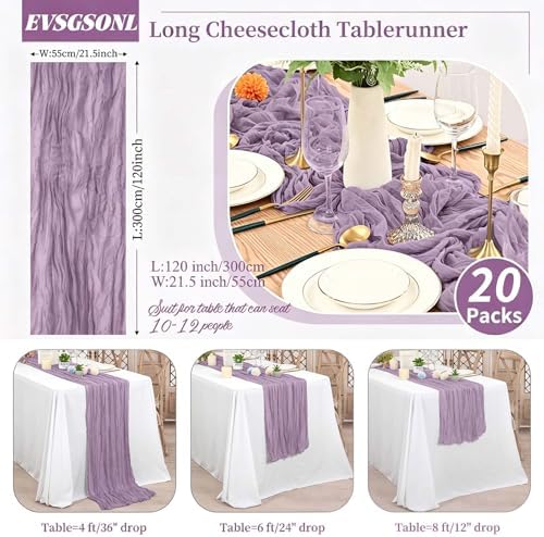 20 Pack Purple Cheesecloth Table Runner Long,21.5 x 120 Inch