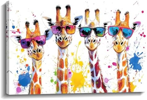 Giraffe Canvas Wall Art Giraffe Family with Glasses Picture Graffiti Painting Animal Prints Modern Artwork for Living Room Bedroom Nursery Wall Decor Framed(Giraffe-14,16.00"x24.00")