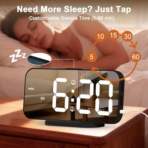 ALANAS Slim Digital Alarm Clock, Big Mirror Display with Dual USB Charger Ports, Dual Alarms, Snooze, 4-Level Adjustable Dimmer, for Bedroom, Office, Desk, Dorm, College Students, Home (Black)