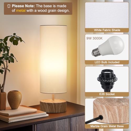 Touch Table Lamp with Wood Grain Metal Base, 3 Way Dimmable Bedside Lamp