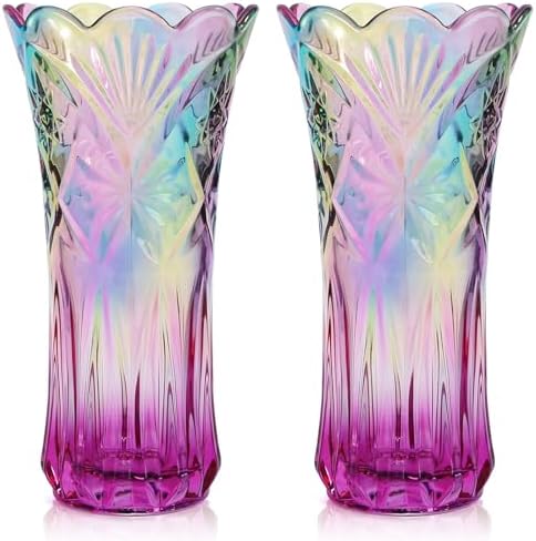 Dicunoy Set of 2 Glass Colorful Flower Vase, 9" Large Colored Crystal Flower Vase for Centerpieces, Heavy Duty Tall Flared Vase with Base for Dining Table, Living Room, Bouquet, Home, Wedding, Office