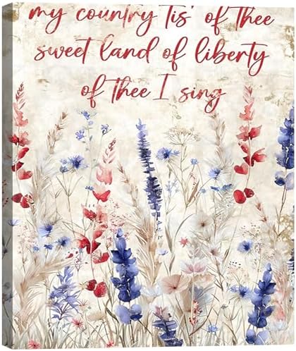 Made in USA Patriotic Framed Canvas Wall Art, My Country Tis of Thee Quote Canvas Print, Red White Blue Floral Wall Decor for 4th of July, Independence Day Home Decoration,8x12in
