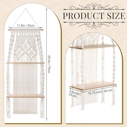 Barydat 1 Pack Macrame Wall Hanging Shelf 2 Tier Handmade Boho Hanging Wall Shelf Floating Woven Rope Decorative Storage Racks Holder Organizer for Home Bedroom Bathroom Plants, Beige (Elegant)