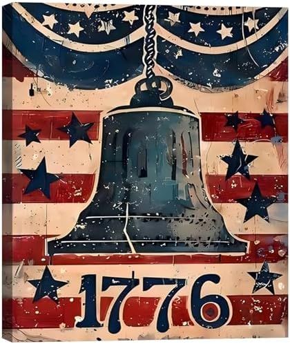 RIBNTAK Made in USA Rustic 1776 Liberty Bell with American Flag Canvas, Retro Patriotic Sign Artwork for 4th of July, Independence Day, Memorial Day Home Decoration