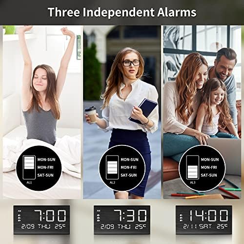 JALL Digital Alarm Clock, with Wooden Electronic LED Time Display, 3 Alarm Settings, Weekday/Weekend Mode, Temperature Detect, Wood Made Electric Clocks for Office, Bedroom, Bedside (Black)