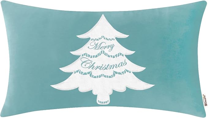 BRAWARM Christmas Pillow Cover 12 X 20 Inches, Teal Christmas Tree Embroidered Lumbar Pillow Cover, Soft Velvet Decorative Throw Pillow for Couch Bed Sofa Living Room Home
