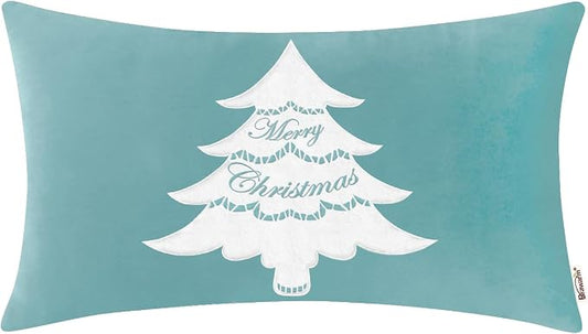 BRAWARM Christmas Pillow Cover 12 X 20 Inches, Teal Christmas Tree Embroidered Lumbar Pillow Cover, Soft Velvet Decorative Throw Pillow for Couch Bed Sofa Living Room Home