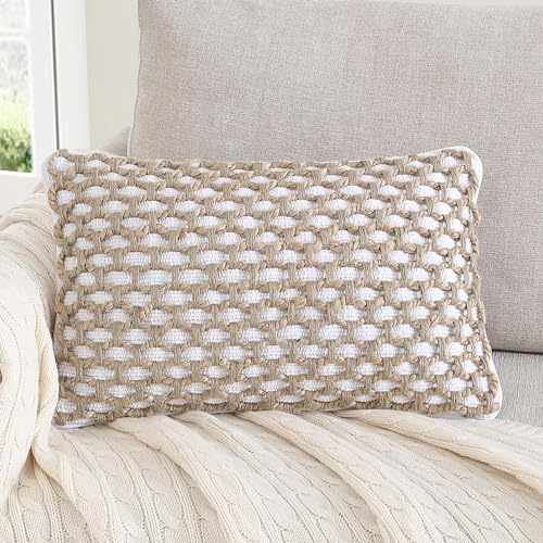 White Woven Lumbar Throw Pillow Cover 12x20 Inch with Insert
