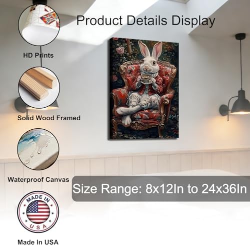 Noble Gentleman Easter Rabbit Canvas Print, Vintage Framed Bunny Art for Office Wall Decor, Victoria Spring Canvas Art Pictures for Living Room Hallway Holiday Wall Decoration