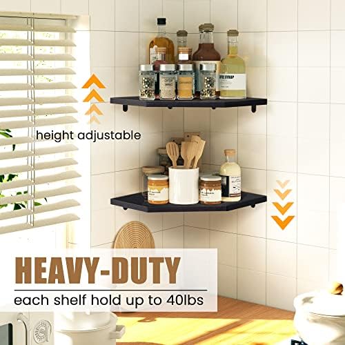 Fun Memories Corner Shelf Wall Mount, Floating Corner Shelves, Set of 4 Corner Wall Shelf Organizer, Rustic Wood Wall Storage Display Shelves for Living Room Bedroom Bathroom Kitchen, Classic Black