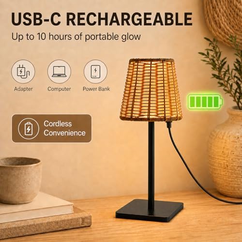2 Pack Rattan Table Lamp, Rechargeable Small Wicker Lamp